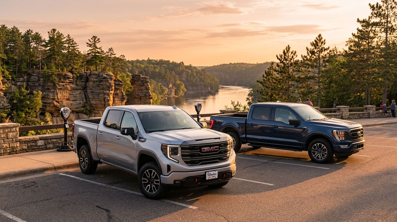GMC Sierra 1500 AT4 and Ford F-150 parked at a scenic overlook above the Wisconsin River in Wisconsin Dells with sandstone cliffs, pine trees, and golden hour sunset lighting in the background.
