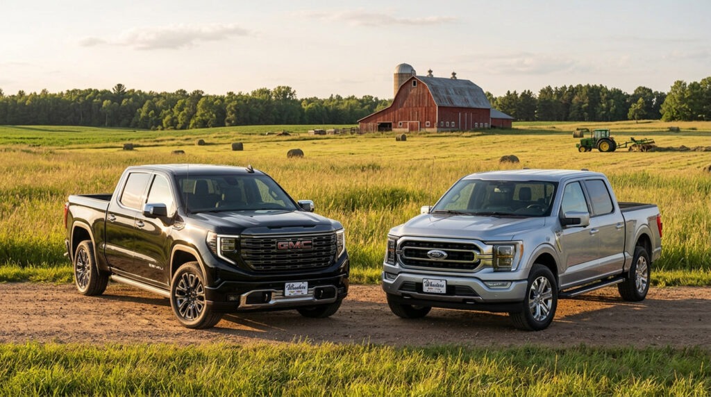GMC Sierra 1500 and Ford F-150 pickup trucks parked side by side in a Wisconsin farm field with a red barn, tractor, and hay rake visible in the background during golden hour.