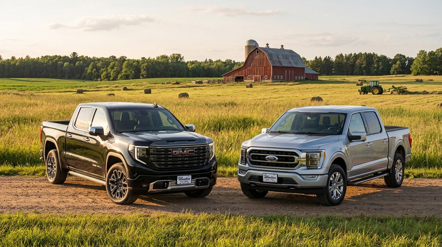 GMC Sierra 1500 and Ford F-150 pickup trucks parked side by side in a Wisconsin farm field with a red barn, tractor, and hay rake visible in the background during golden hour.