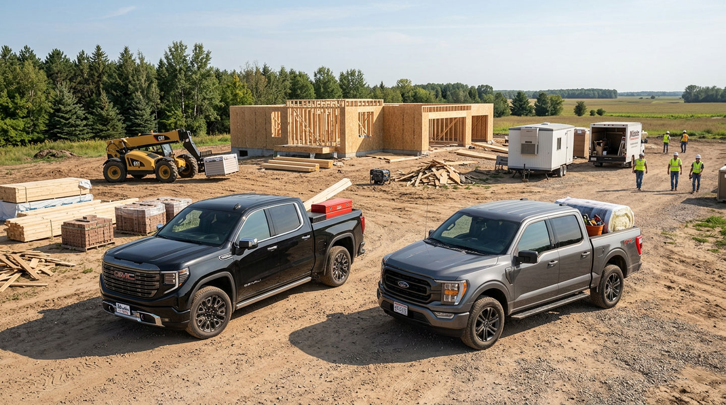 GMC Sierra 1500 and Ford F-150 pickup trucks parked side by side at a residential construction site with lumber, framing, and construction equipment in the background