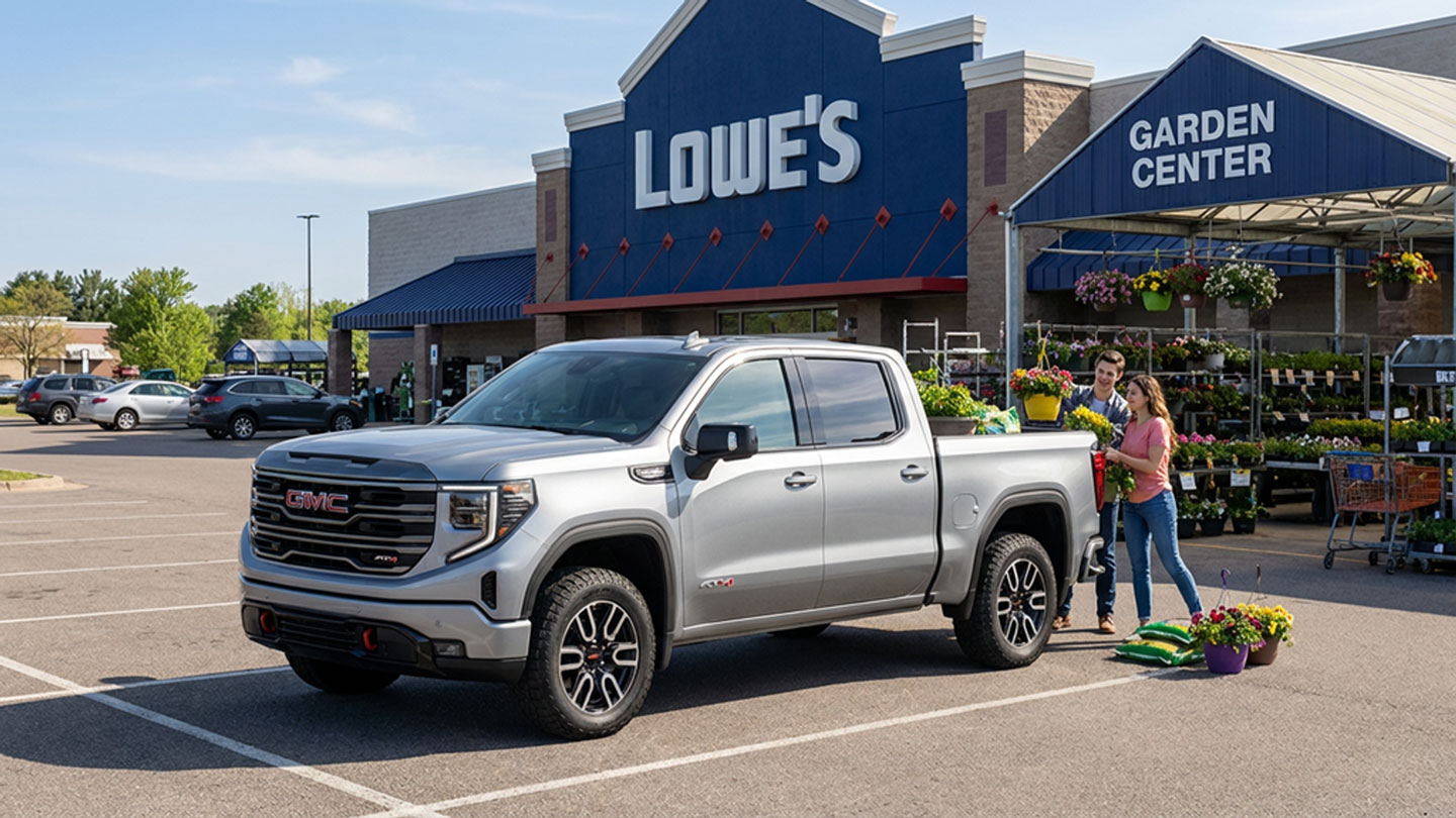 Silver GMC Sierra AT4 pickup truck parked outside the Lowe’s Garden Center in Plover Wisconsin while a young couple loads flowers and gardening supplies into the truck bed in the parking lot under blue skies.