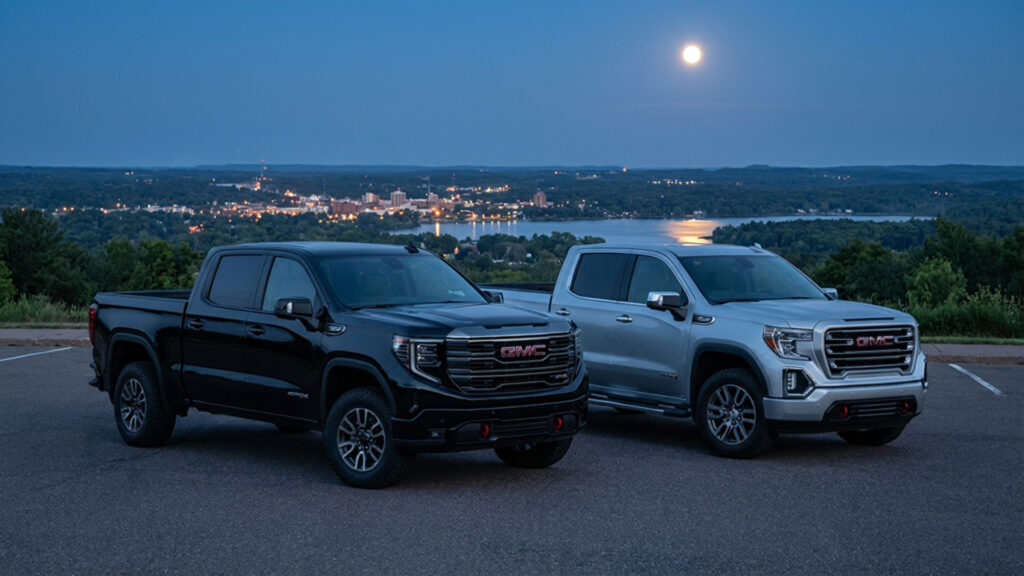 Black GMC Sierra AT4X and silver GMC Sierra AT4 trucks parked side by side at the Rib Mountain overlook parking lot at dusk with Lake Wausau and the city of Wausau illuminated in the background under moonlight.