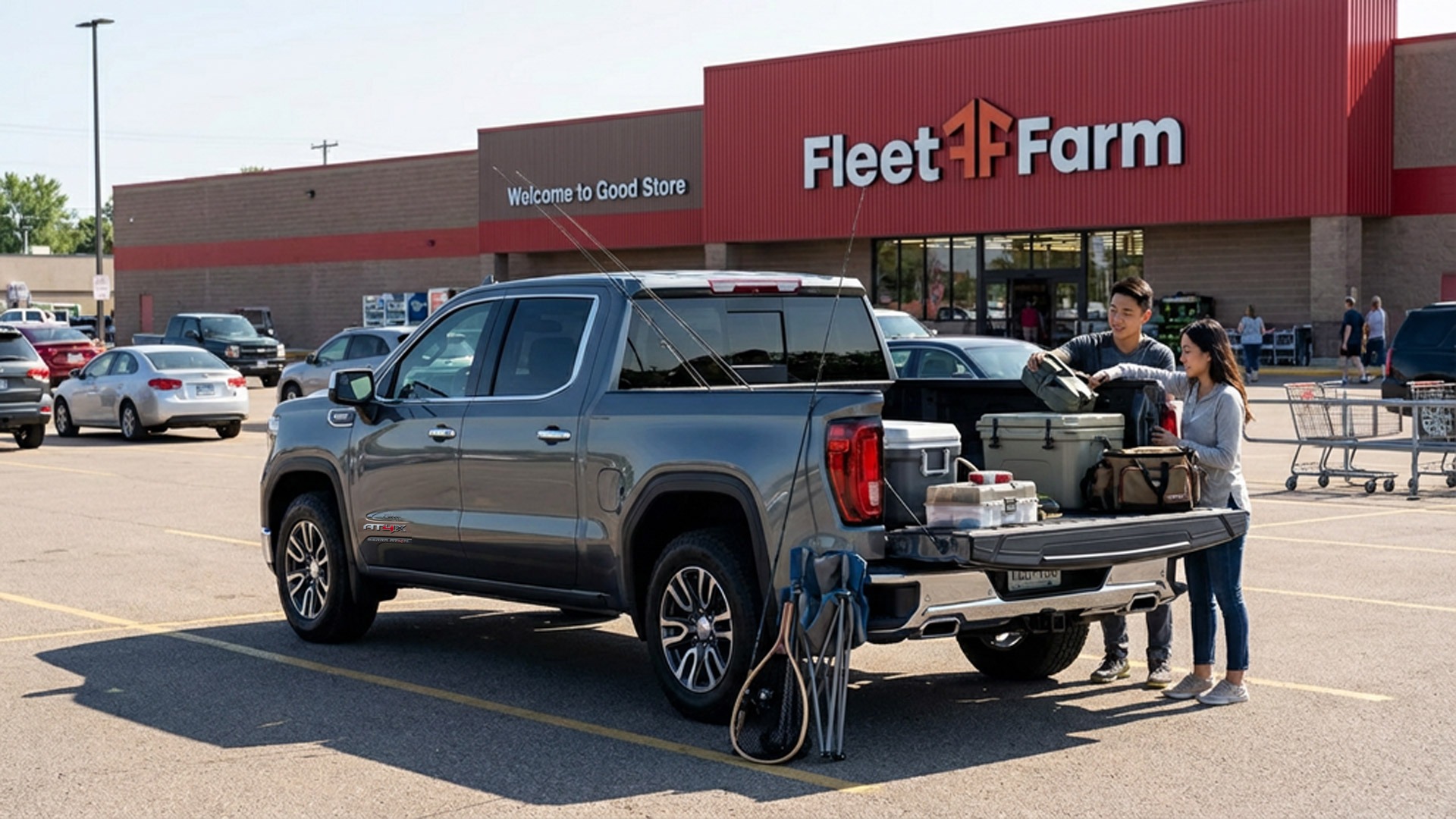 GMC Sierra AT4X pickup truck parked in the Fleet Farm parking lot while a young couple loads fishing rods, tackle boxes, and outdoor gear into the open truck bed on a sunny day.