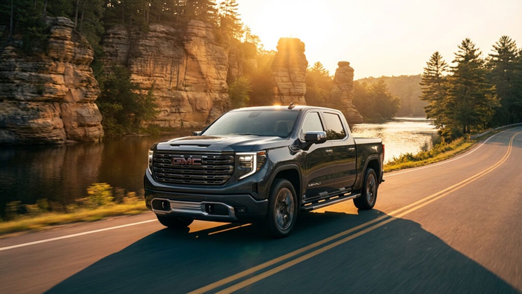 GMC Sierra Denali pickup truck driving along a scenic road beside the Wisconsin River in Wisconsin Dells with sandstone rock formations and pine trees illuminated by warm golden hour sunlight.