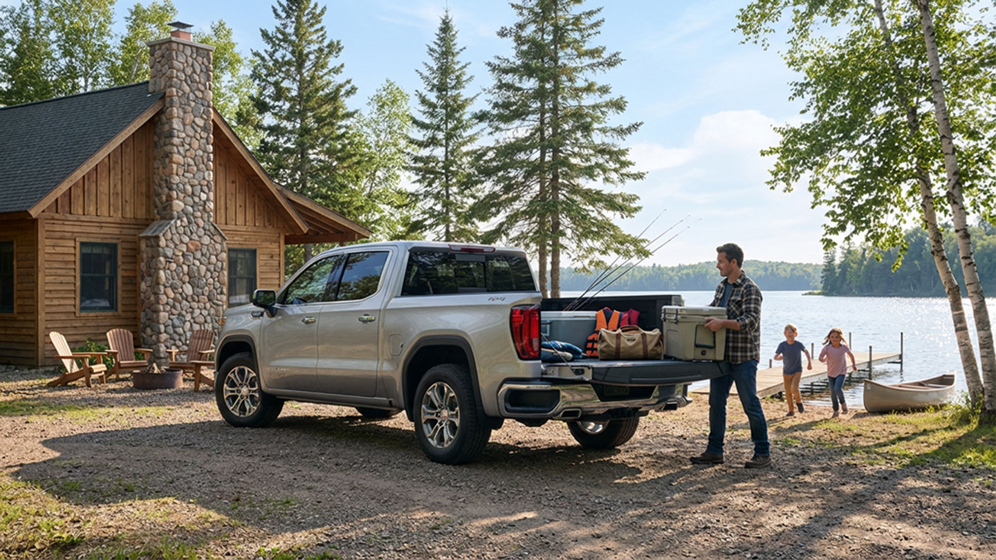 Silver GMC Sierra pickup truck parked outside a rustic Northwoods lake cabin while a dad unloads a cooler and fishing gear from the open tailgate and kids run toward a dock on a calm lake surrounded by pine trees under blue skies.