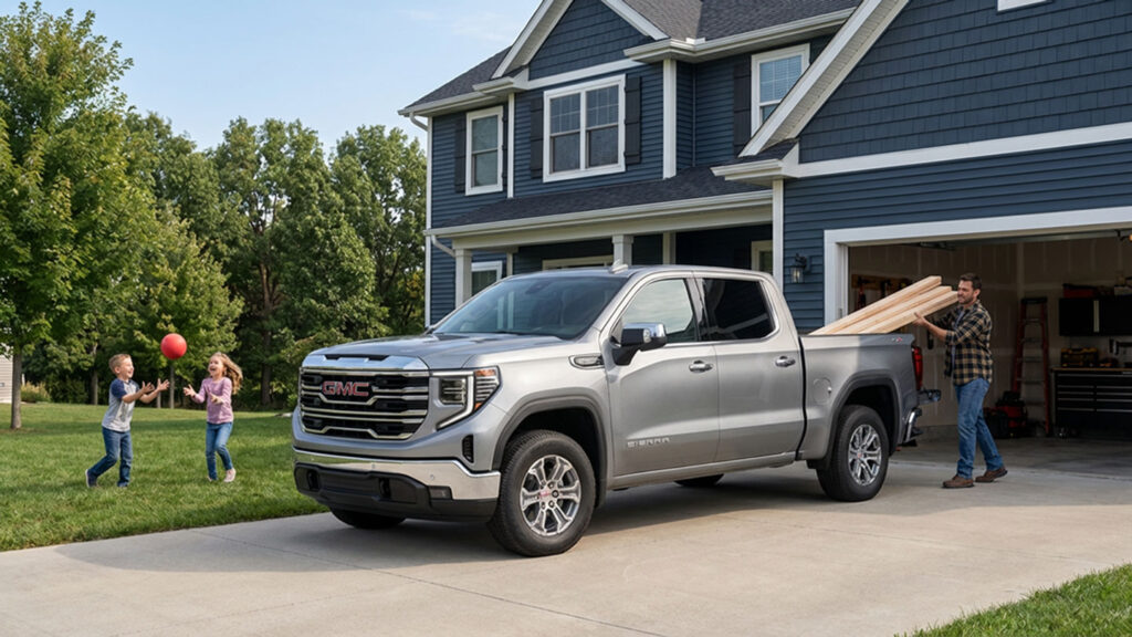 Silver GMC Sierra pickup truck parked in the driveway of a two story Midwest home while a dad unloads 2x4 lumber from the bed and two kids play with a ball in the front yard under blue skies.
