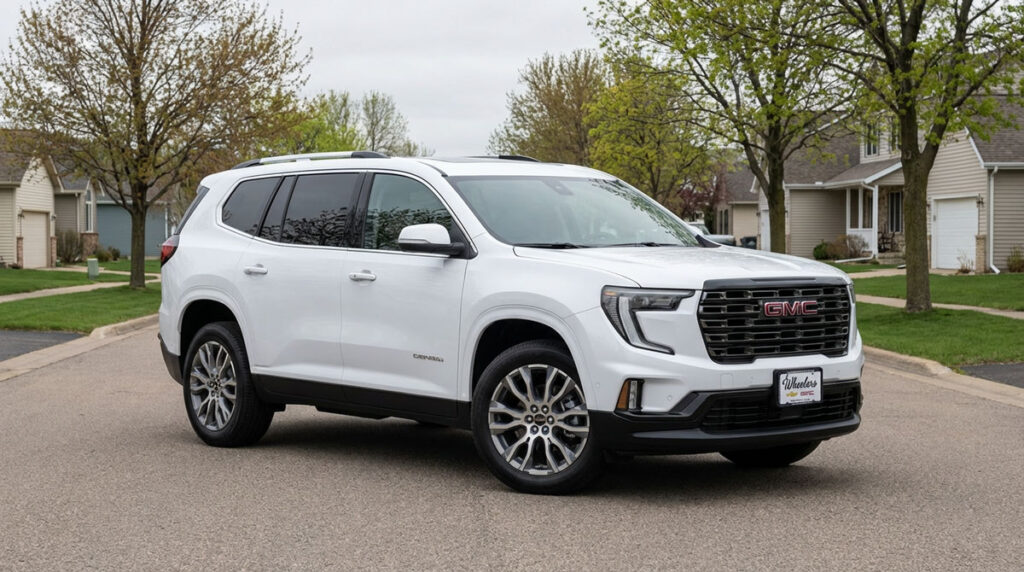 2026 GMC Acadia Elevation trim parked on a clean suburban Wisconsin street with overcast soft daylight and neat homes in the background
