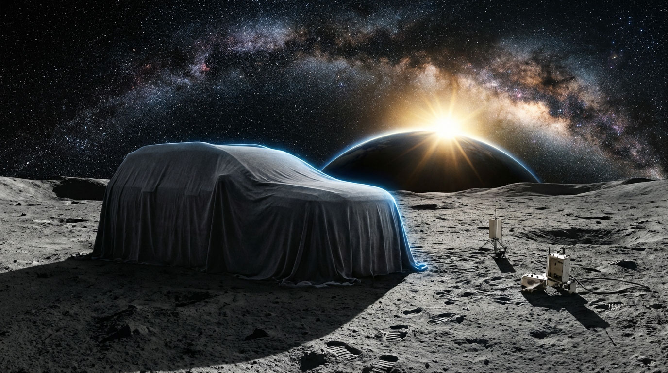 2027 GMC Acadia draped in charcoal-grey reveal cloth on the lunar surface