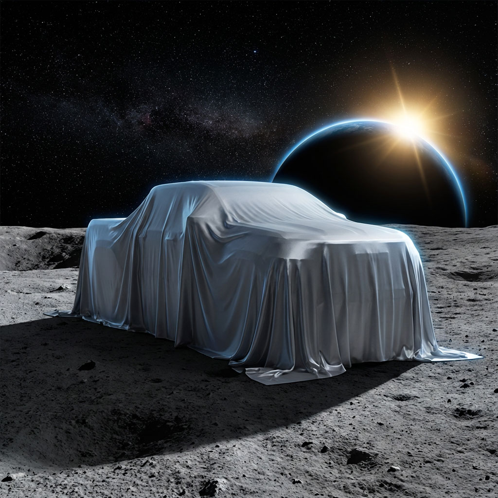 2027 GMC Canyon pickup truck draped in silver-grey reveal cloth on the lunar surface