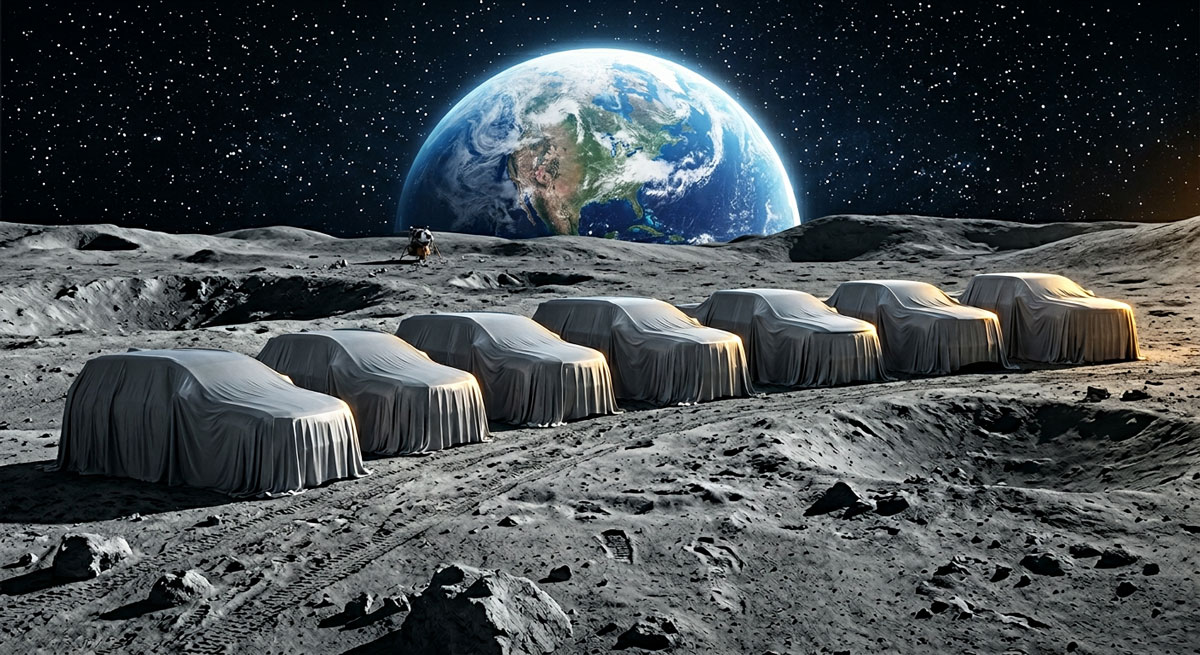 Seven 2027 GMC vehicles draped in silver-grey reveal cloth arranged in a sweeping arc across the lunar surface, with Earth rising against a starfield in the background and solar corona rim lighting illuminating the full lineup