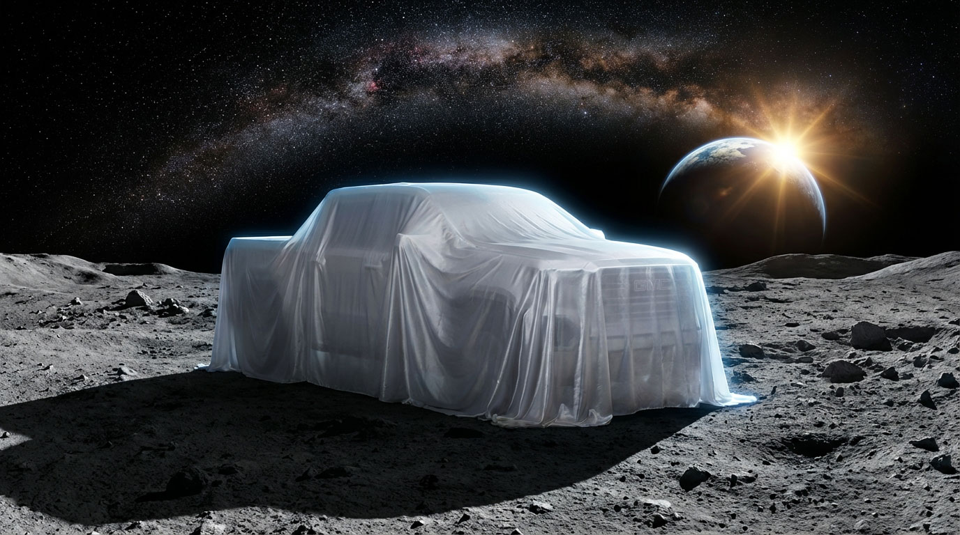 2027 GMC Sierra 1500 — All-New 5th Generation draped in pearl-white reveal cloth on the moon