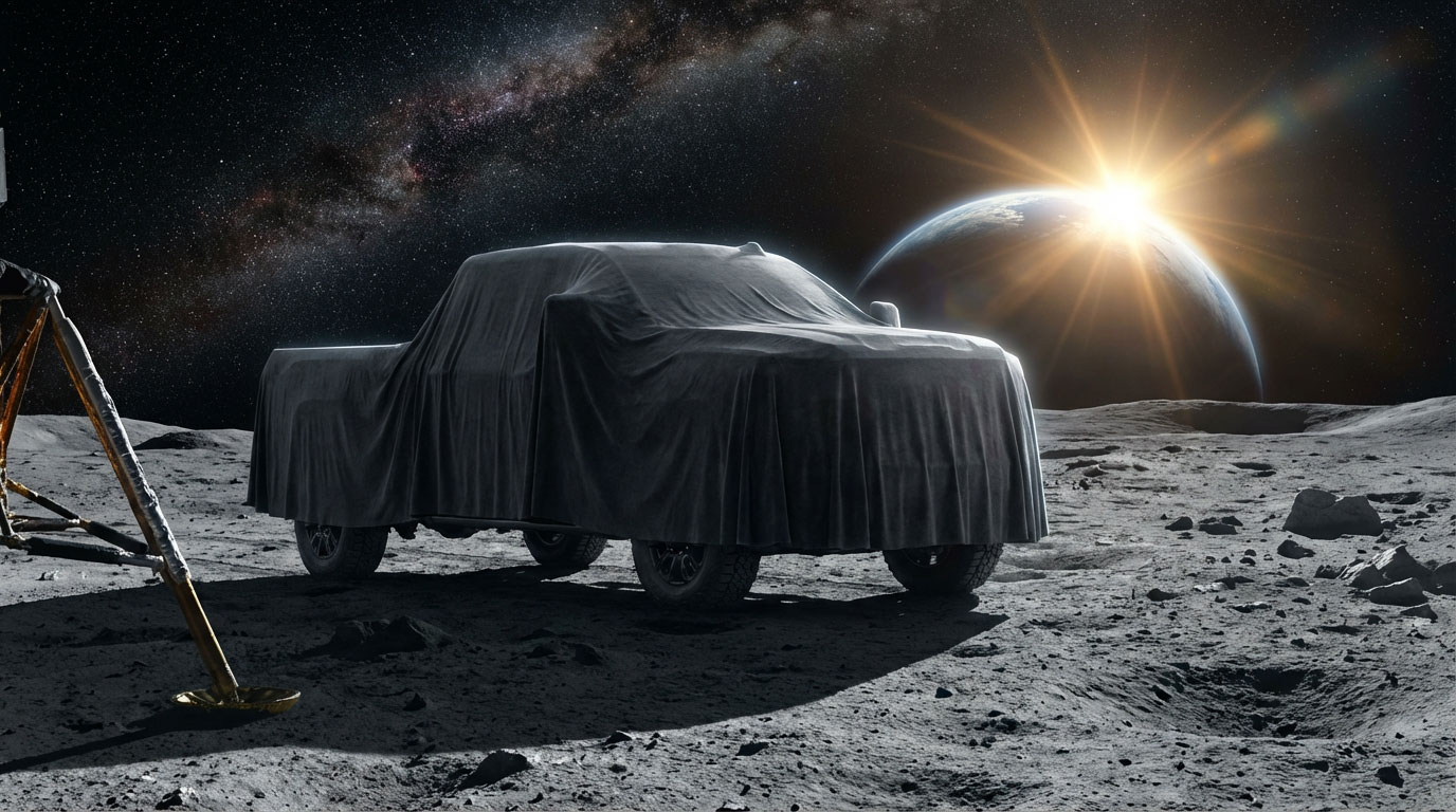 2027 GMC Sierra HD 2500 draped in dark reveal cloth on the lunar surface