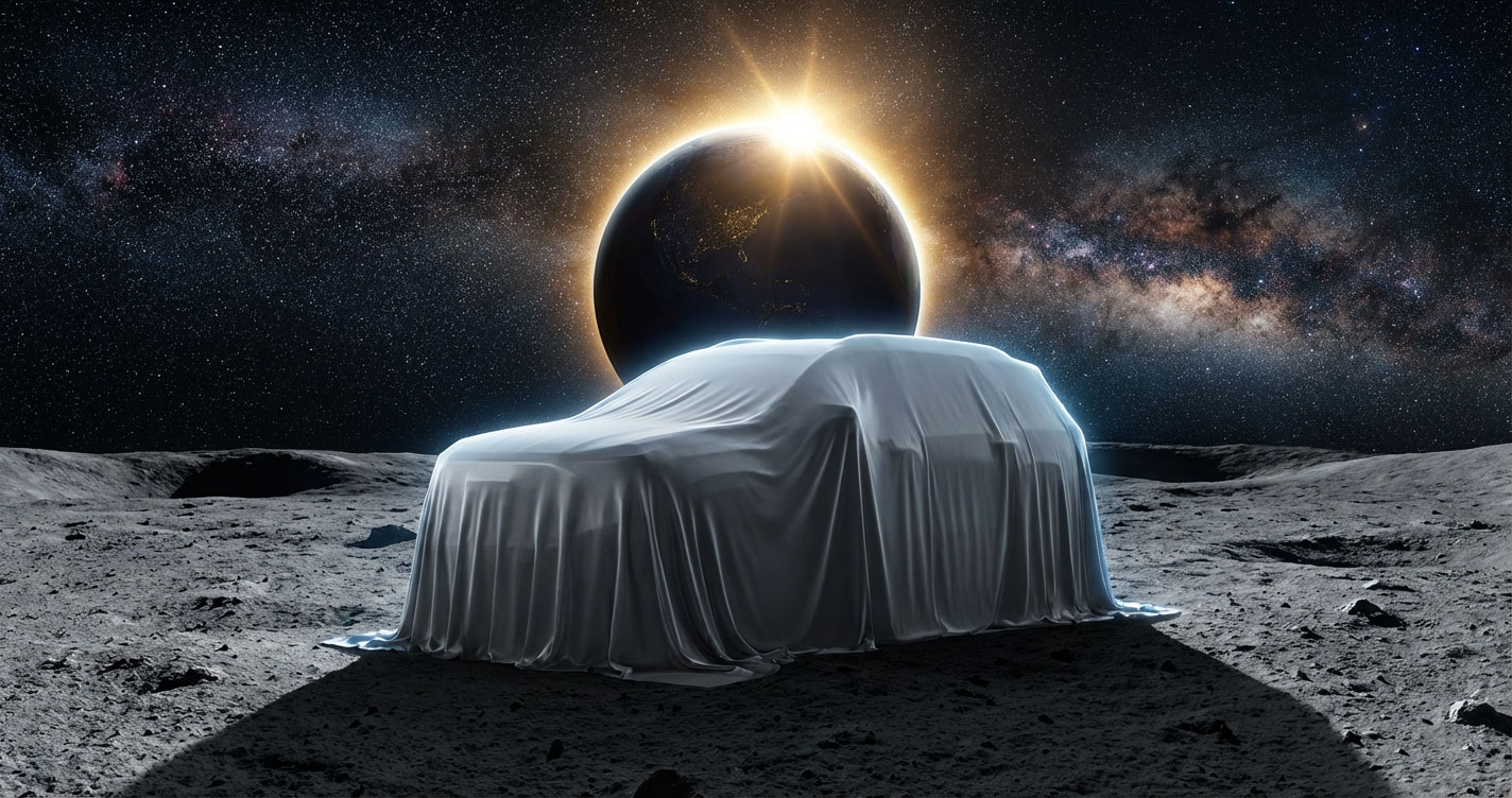 2027 GMC Terrain draped in silver-grey reveal cloth on the lunar surface