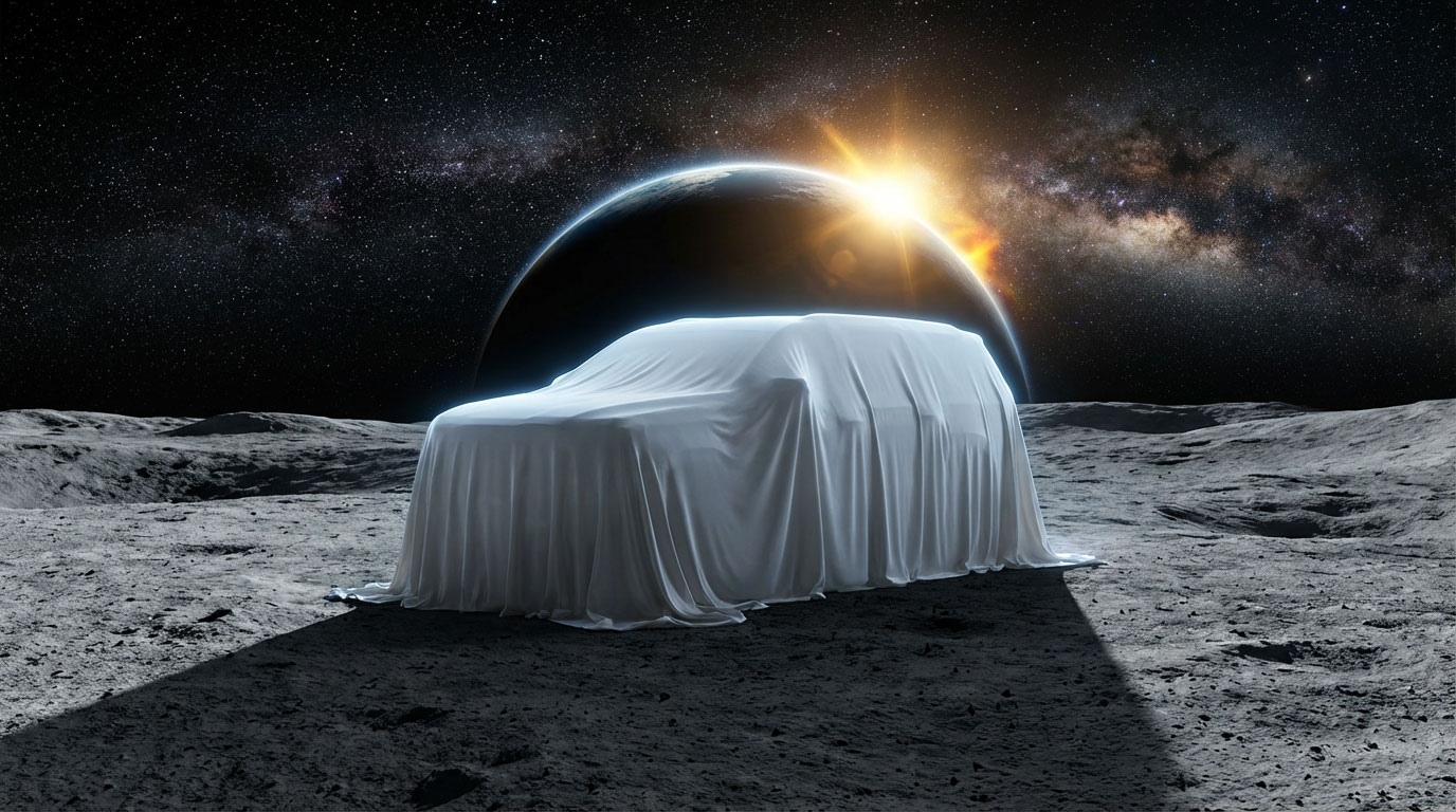 2027 GMC Yukon draped in pearl-white reveal cloth on the lunar surface