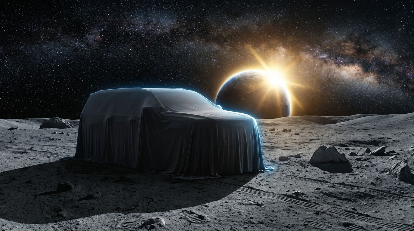 2027 GMC Yukon XL draped in dark-grey reveal cloth on the lunar surface