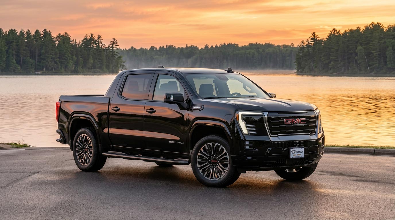 2026 GMC Sierra EV parked on a Wisconsin downtown street at dusk